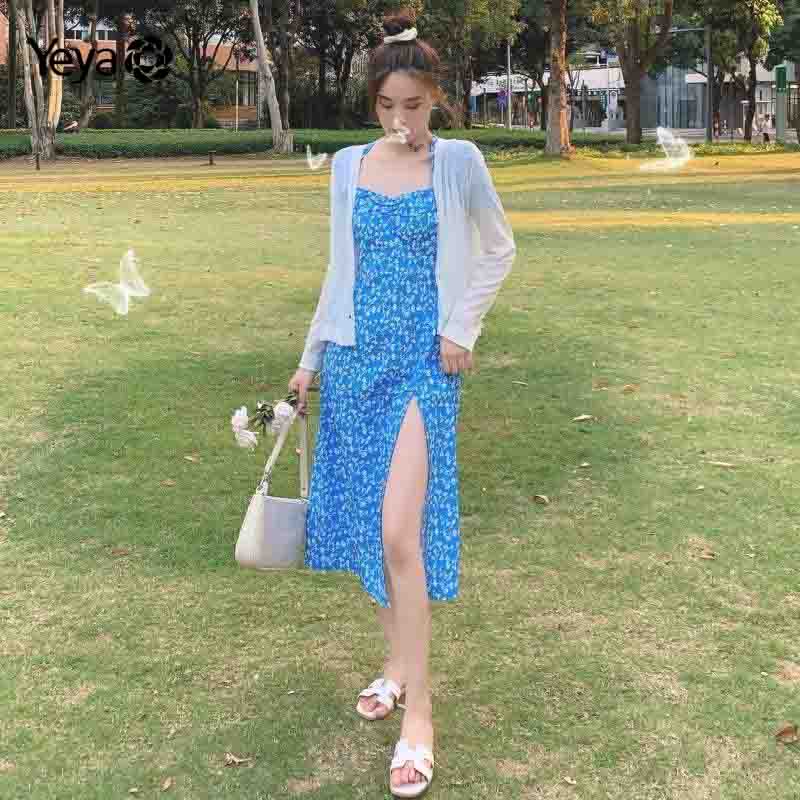 Đầm YEYA thiết kế xẻ tà in họa tiết hoa phong cách Pháp thời trang mới dành cho nữ