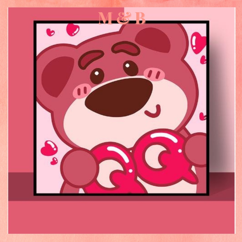 Tranh số hóa 20x20, Tranh Tô Màu gấu Lotso Strawberry bear gấu dâu hồng tặng kèm bộ màu và bút vẽ