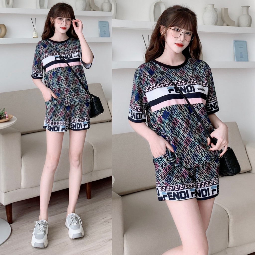 Set Bộ Đùi Form Rộng Thun Lạnh In 3D Kẻ Sọc Ngực Kí Tự Hiện Đại MS103