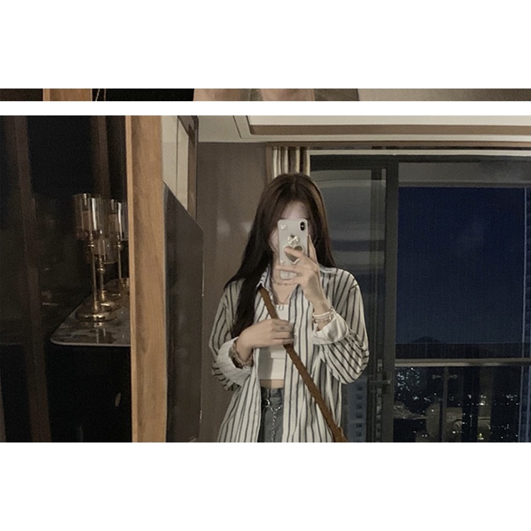 NRVP Áo sơ mi nữ tay dài họa tiết kẻ sọc phong cách Hàn Quốc