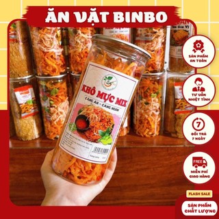 Khô mực mix 3 vị 300gr, mực hấp dừa, mực sấy bơ tỏi, muc sốt chanh tomyum - ăn vặt binbo