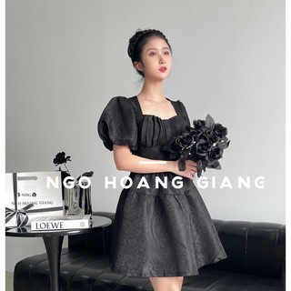 [ THIẾT KẾ BY NHG ] Váy gấm tay bồng hàng thiết kế may kỹ xếp ly ngực có đệm mút hàng cao cấp VERA BLACK DRESS