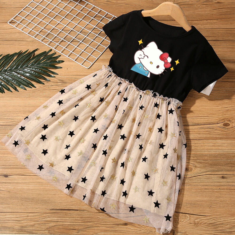 Đầm Công Chúa Tay Ngắn In Họa Tiết Hoạt Hình Mèo kitty Dễ Thương Thời Trang Mùa Hè Cho Bé Gái