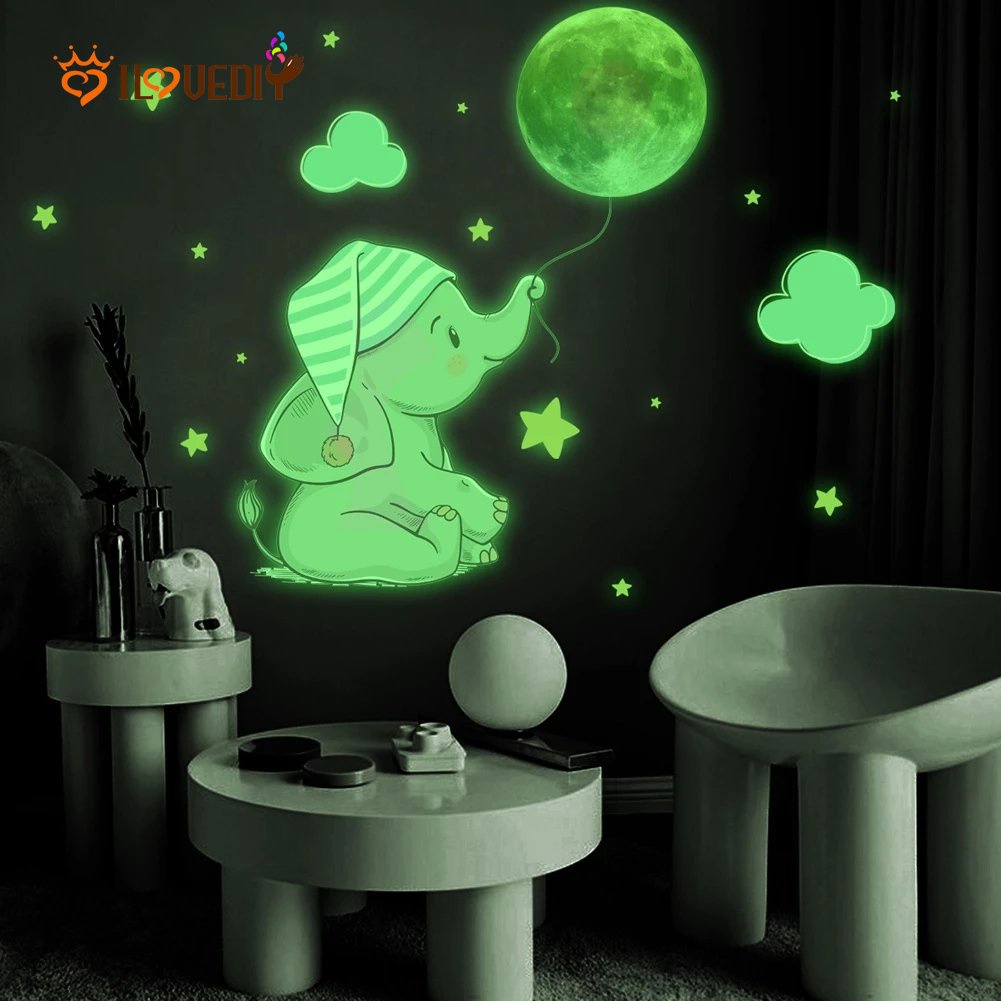 1 Bộ Miếng Dán Tường Dạ Quang Hình Thỏ / Gấu / Voi / Đám Mây / Ngôi Sao Hoạt Hình Phát Sáng Trong Bóng Tối Trang Trí Phòng Bé