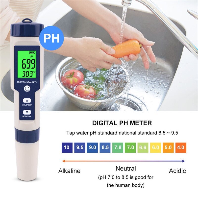 Bút đo độ mặn của nước 5 trong 1 pH/TDS/EC/độ mặn/nhiệt độ kèm 3 gói pH chuẩn