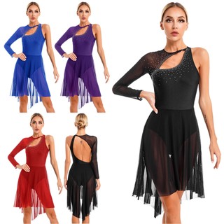 Nữ Hình Trượt Băng Trang Phục Lấp Lánh Kim Cương Giả Cutout Leotard Đầm Một Vai Sheer Lưới Dài Tay Lyrical Khiêu Vũ Đầm