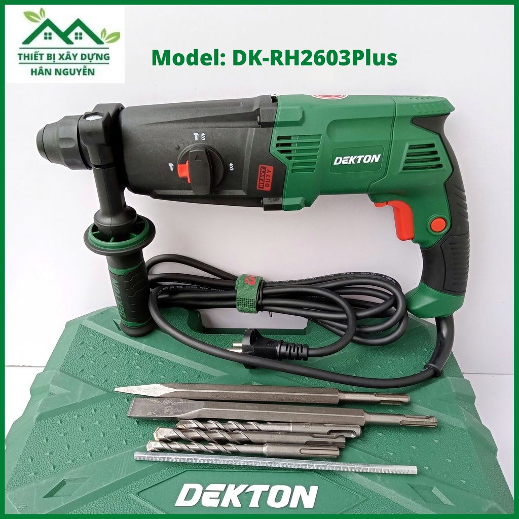 Máy khoan bê tông Dekton DK-RH2603Plus 3 chức năng,kèm 3 mũi khoan 2 mũi đục,công suất 1050W