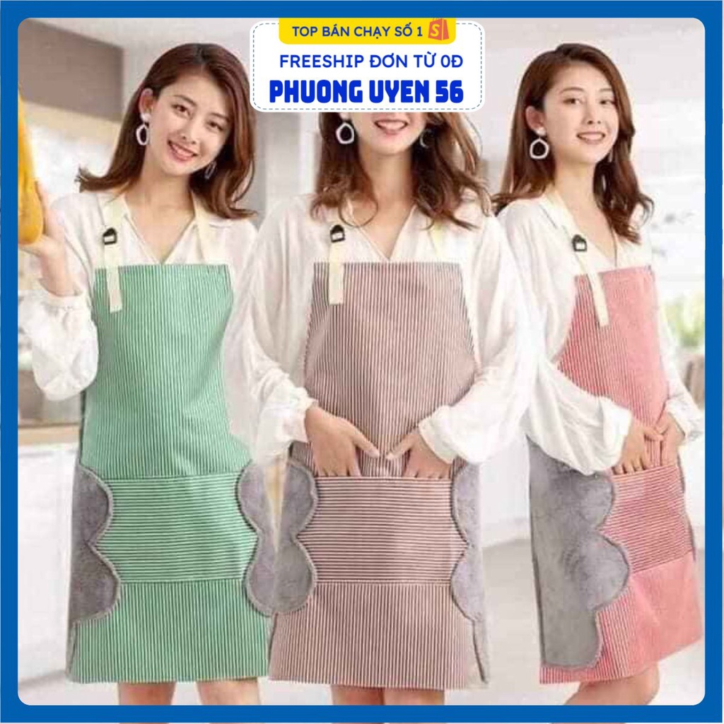 Tạp dề kẻ hoa có khăn lau tay bên hông, tạp dề chống thấm nước