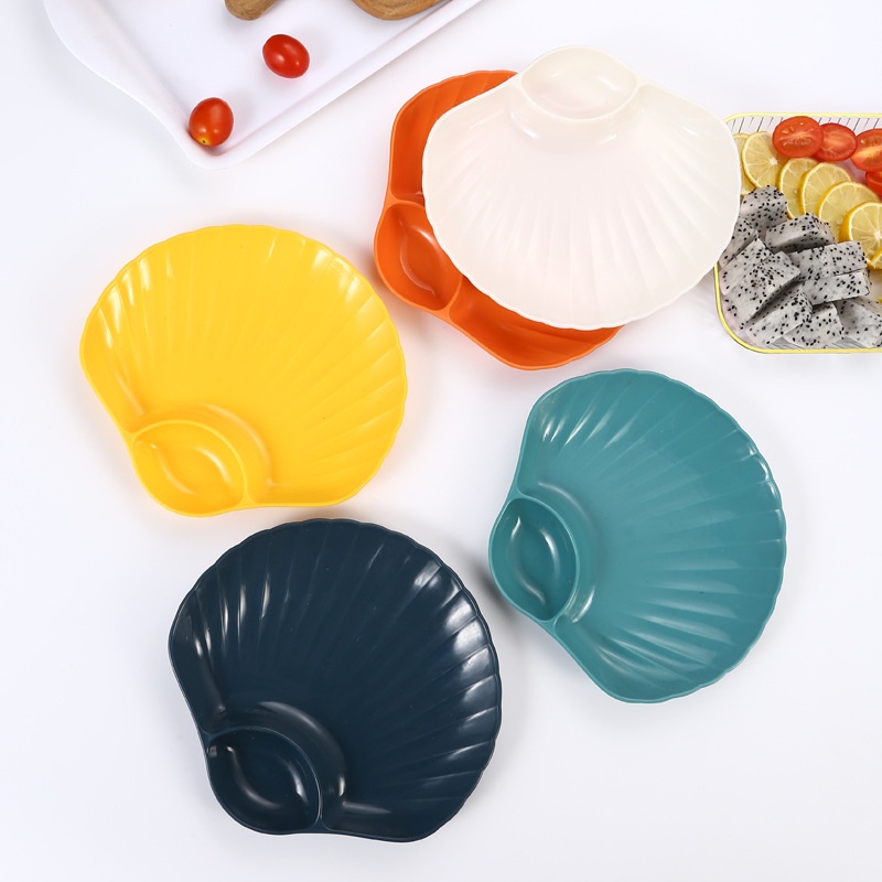 Combo 4 đĩa đựng thức ăn, trái cây hình vỏ sò 2IN1 có ngăn đựng gia vị siêu tiện lợi, set 4 đĩa sò chia ngăn siêu hot