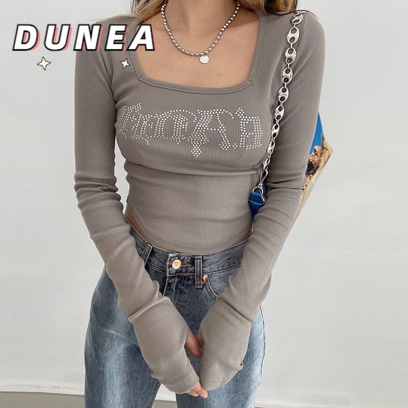 DUNEA Áo Thun Tay Dài Cổ Vuông Đính Đá Lấp Lánh Thời Trang Cho Nữ