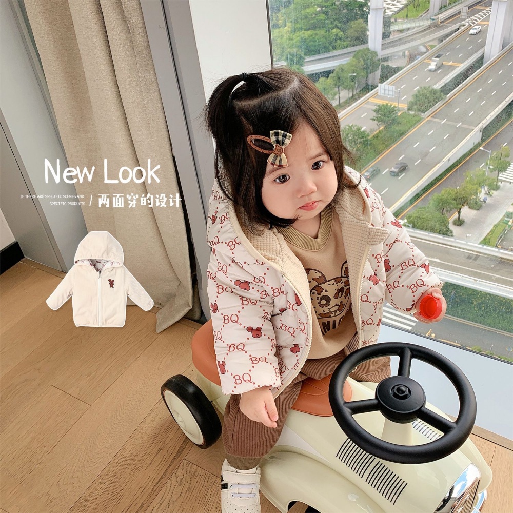 Áo Khoác Cotton Dày Hai Mặt Có Mũ Trùm Xinh Xắn Theo Phong Cách Mùa Đông Dành Cho Bé