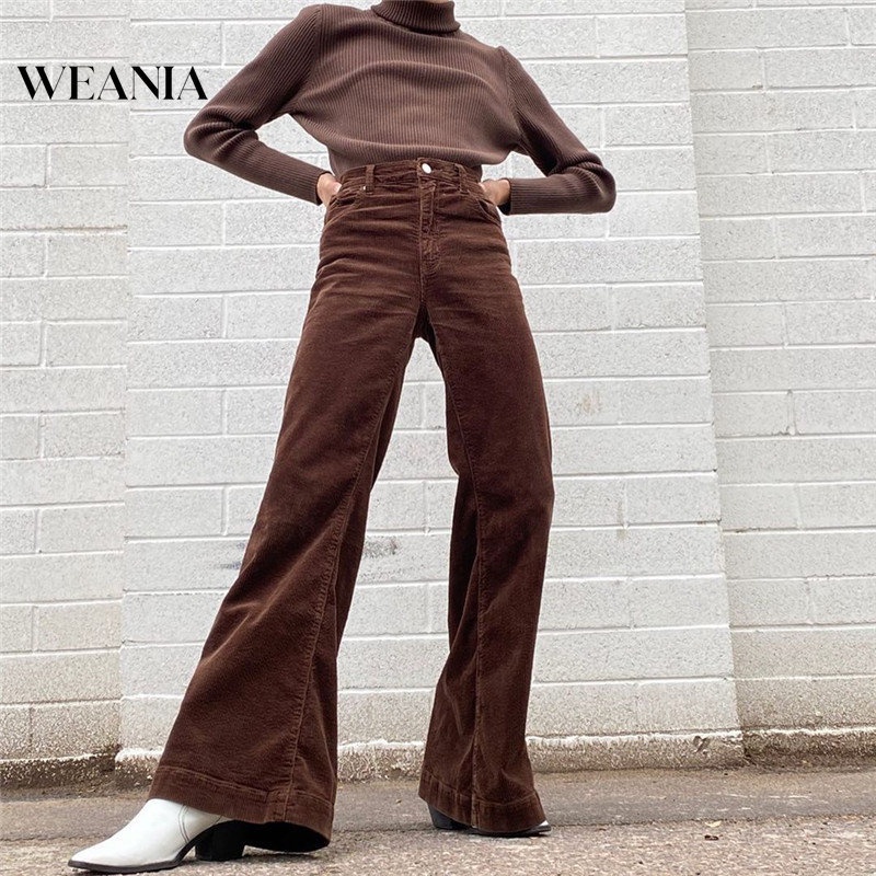 Quần Dài Ống Loe Lưng Cao Màu Trơn Phong Cách Vintage Cho Nữ