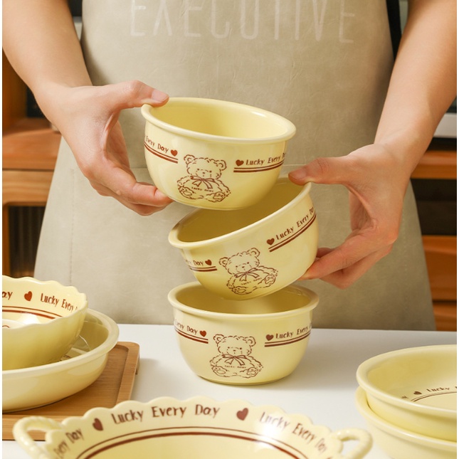 Bộ bát decor hình gấu lucky cute đáng yêu, Bộ bát ăn dặm cho bé hình gấu lucky Shopmegold1