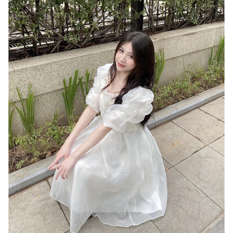 Đầm trắng dáng bồng *Sam Dress* tag hoa mặc kỷ yếu, đám cưới, Tết