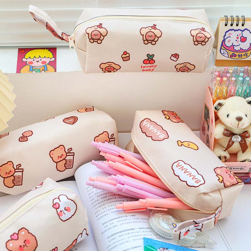 Túi đựng bút vải canvas sức chứa lớn in họa tiết gấu hoạt hình đáng yêu tiện lợi HSU
