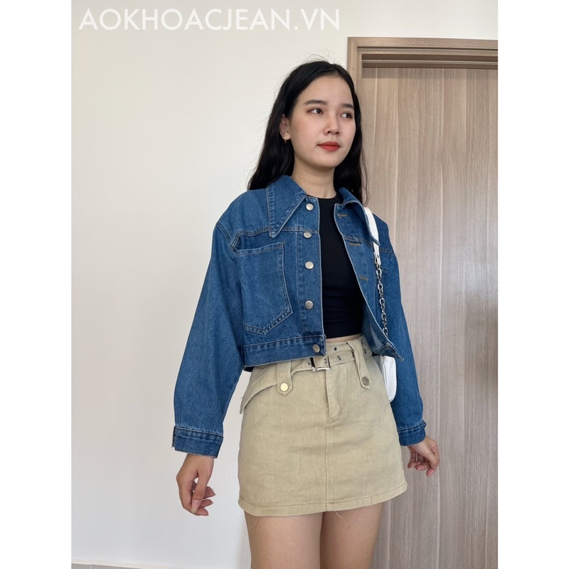 Áo khoác Jean nữ dài tay, 2 túi dáng ngắn phong cách Ulzzang