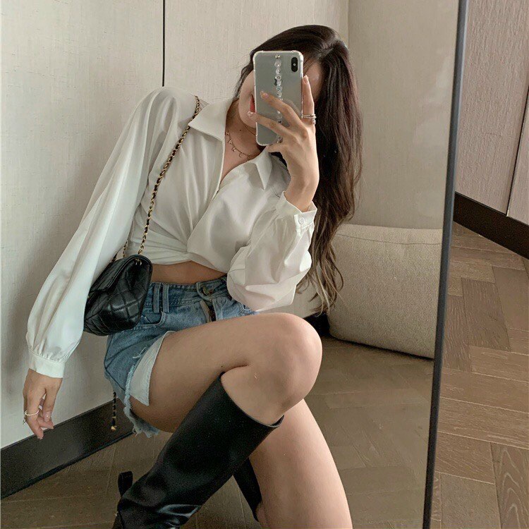 Áo Sơ Mi Croptop Trơn Xoắn Eo Tay Dài