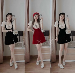 đầm nữ dáng xòe chất nhung cứng áo ren tay bồng đẹp phối áo ren đĩnh nơ ngực dễ thương MyMy store