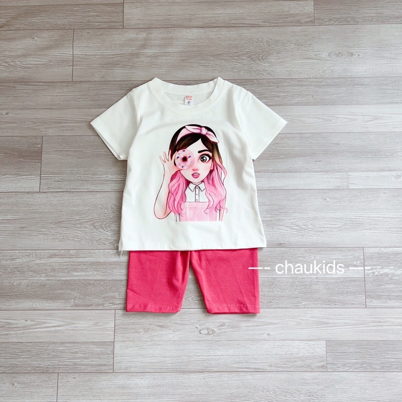 Set đồ bé gái áo thun quần legging hình cô gái, đồ bộ bé gái cộc tay