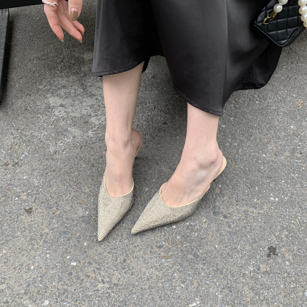 Dép Cao Gót Mũi Nhọn Đính Đá Lấp Lánh Phong Cách Mới 2023