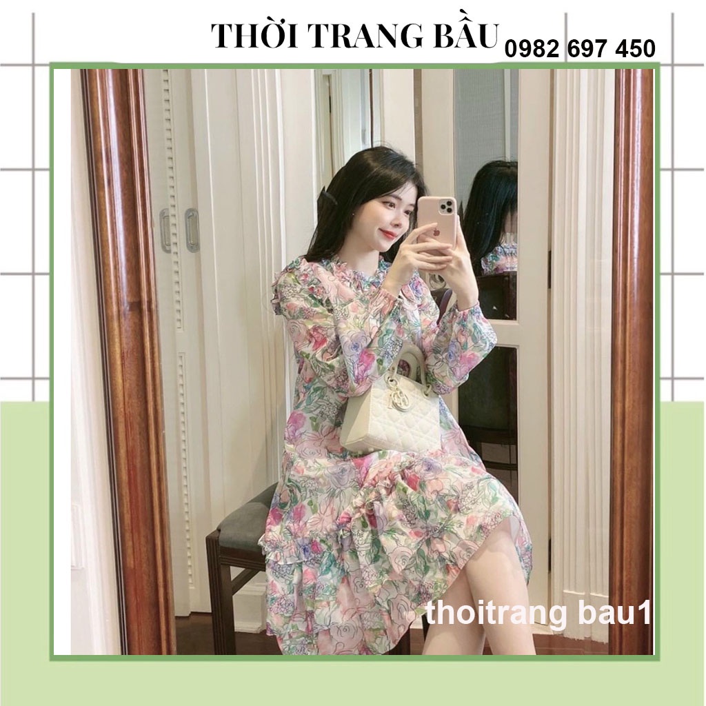 [thoitrangbau1 V47] VÁY BẦU DỰ TIỆC,  CÔNG SỞ-ĐẦM BẦU HOA DÀI TAY THIẾT KẾ DÁNG BABAY DOLL ĐUÔI CÁ CỰC XINH