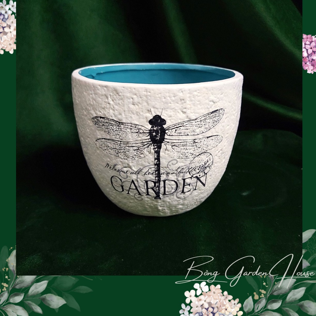 Chậu trồng cây, Chậu đất nung sơn in hình Bông Garden trồng cây cảnh để bàn, sen đá, xương rồng miệng 12.5cm Cao 10cm