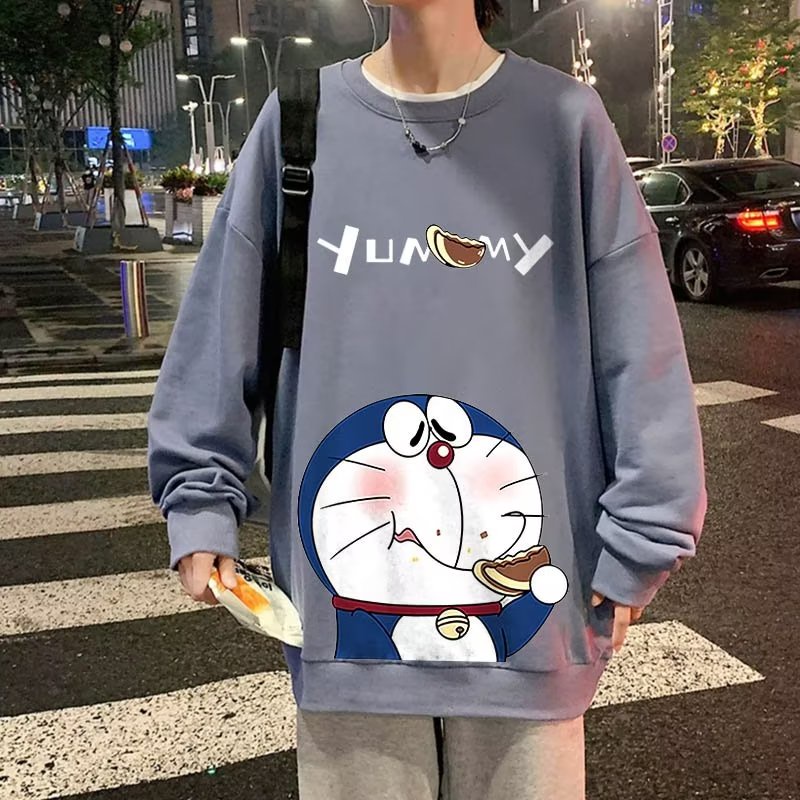 M-8XLáo khoác nam Áo Sweater Tay Dài Dáng Rộng cotton In Hình Mèo Máy Doremon Phong Cách retro Mỹ Thời Trang Unisex