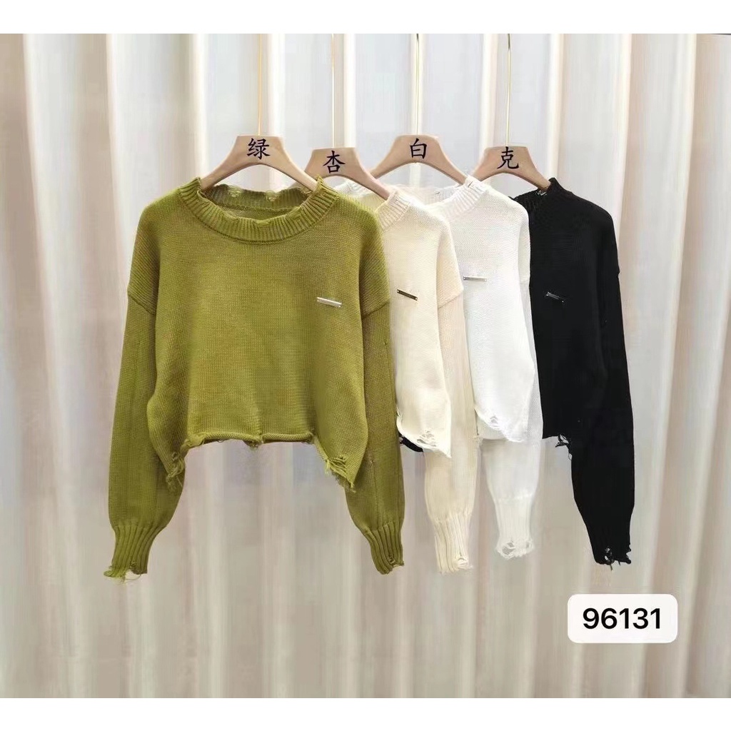 Áo len croptop tay dài cổ tròn dáng ngắn form rộng chất len đẹp tua rua LUHAZO phong cách vintage Hàn Quốc