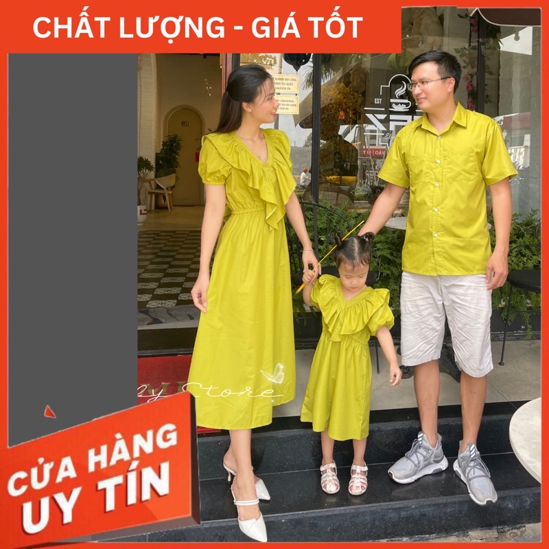 Set Gia Đình cổ bèo xanh bơ, thắt nơ sau, chun eo xinh xắn, kèm ảnh thật