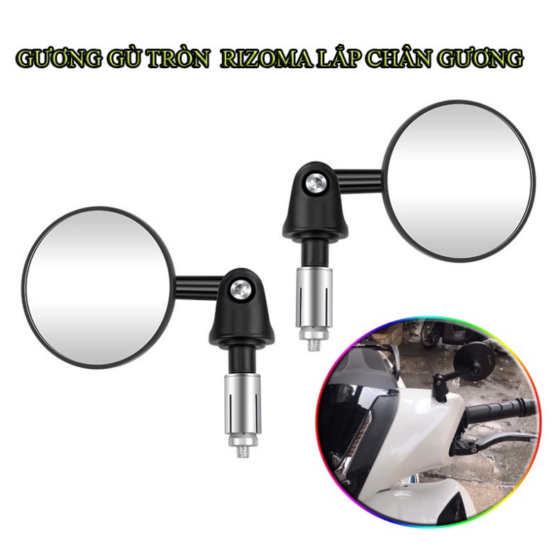 Gương Tròn Moto Mini BAR END Gương Rizoma Gắn Tay Lái Hoặc Chân Gương - Nhôm Mặt Kính Trắng - Kính tròn xe máy – Nhỏ Gọn