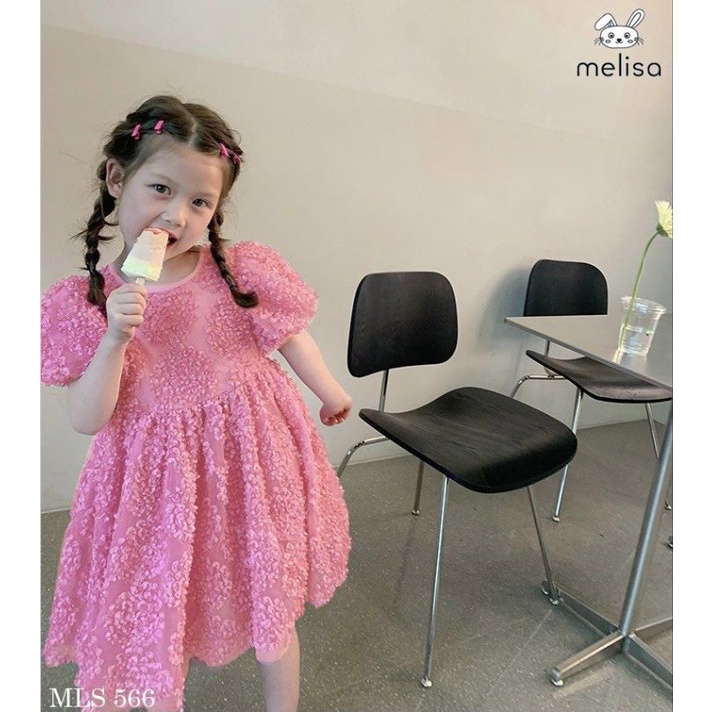 Váy bé gái màu hồng hoa nổi 3D