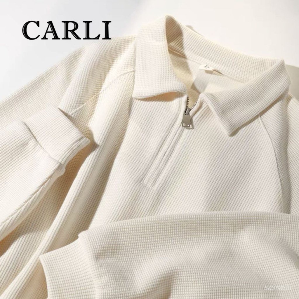 CARLI Áo Thun polo Tay Dài Dáng Rộng Một Nửa Có Khóa Kéo Đơn Giản Phong Cách Mới Mùa Thu Hợp Thời Trang Cho