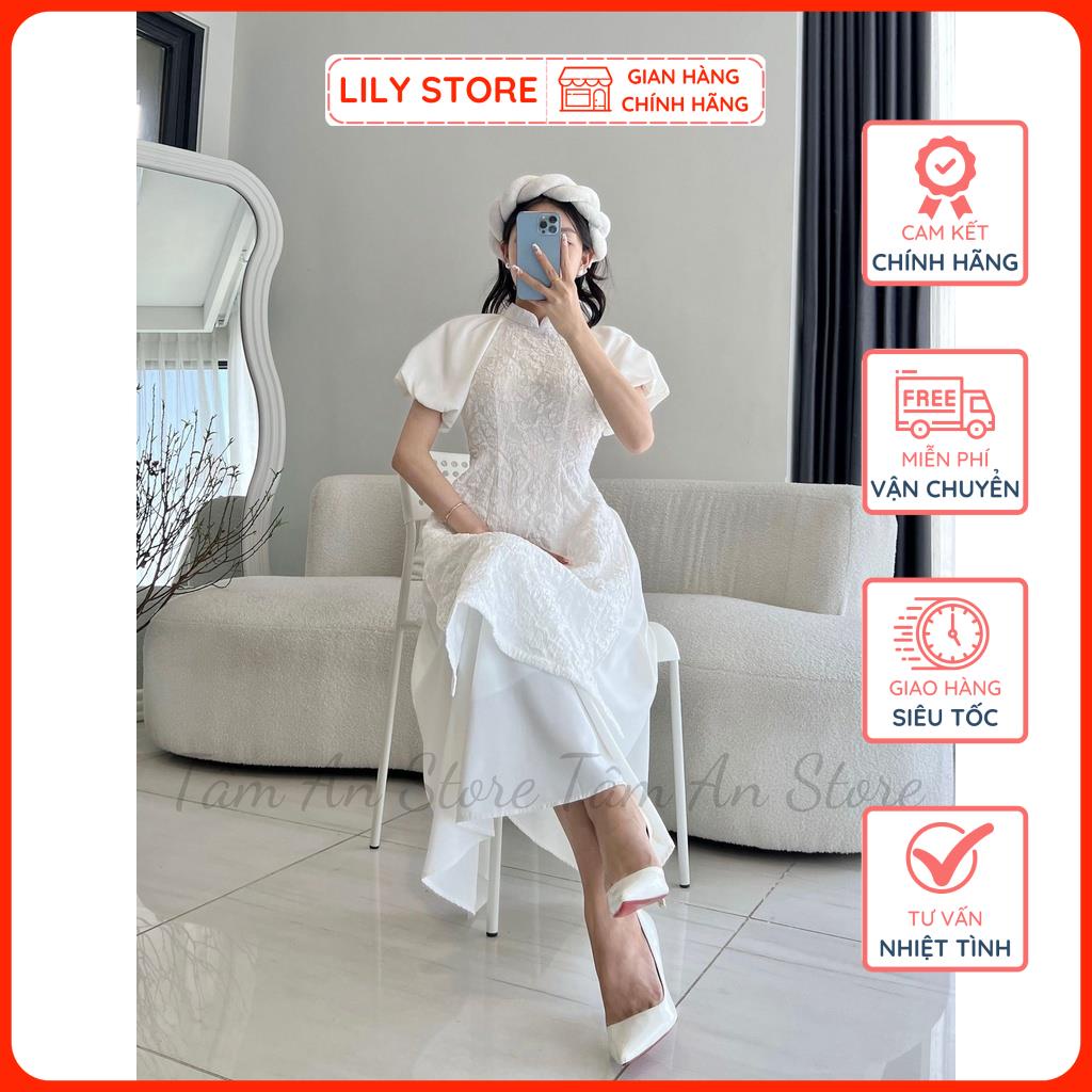 Bộ Áo Dài Gấm Trắng LILY STORE, Áo Dài Cách Tân Nữ Tay Bồng Kèm Chân Váy Xòe Hàng Thiết Kế Đủ Size.