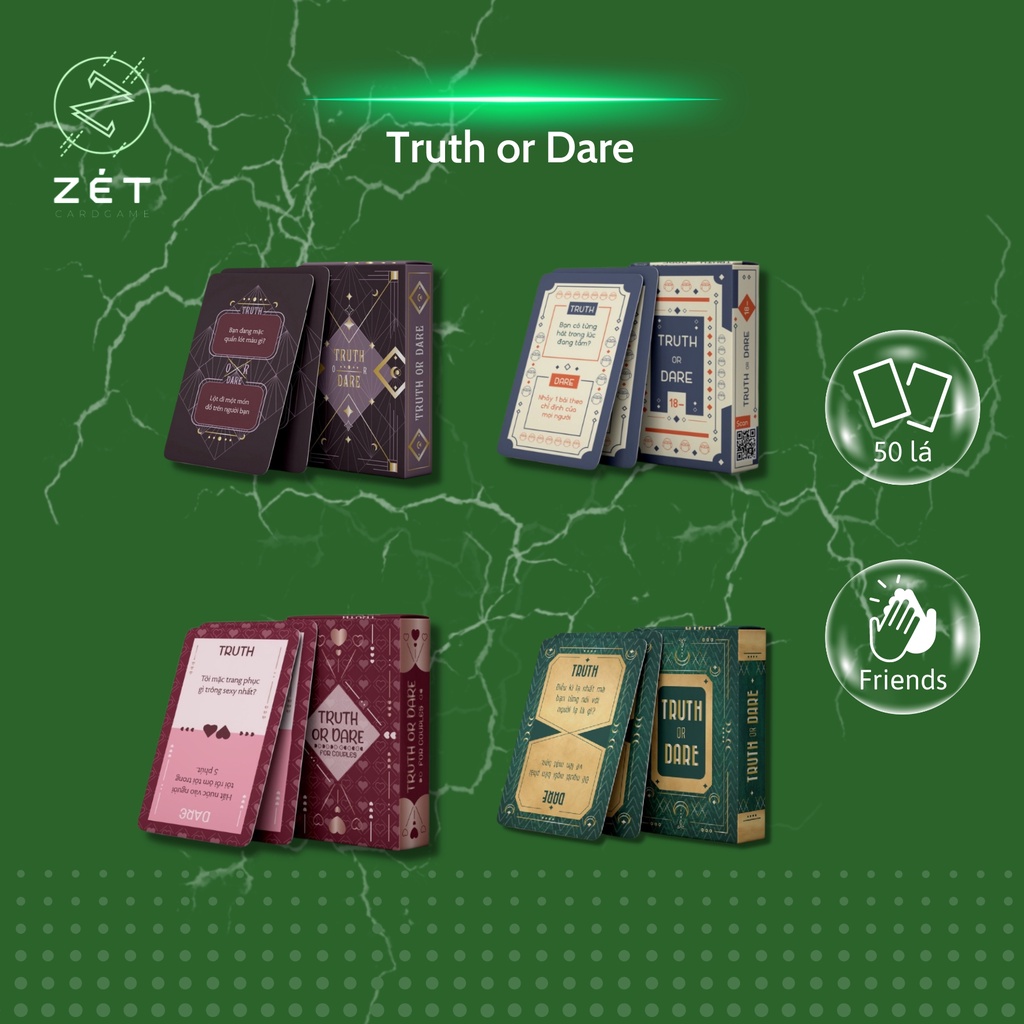 Bộ bài Drinking Game Thách hay Thật "Truth or Dare" 50 lá cho nhóm bạn, cặp đôi party, nhậu Zét Card