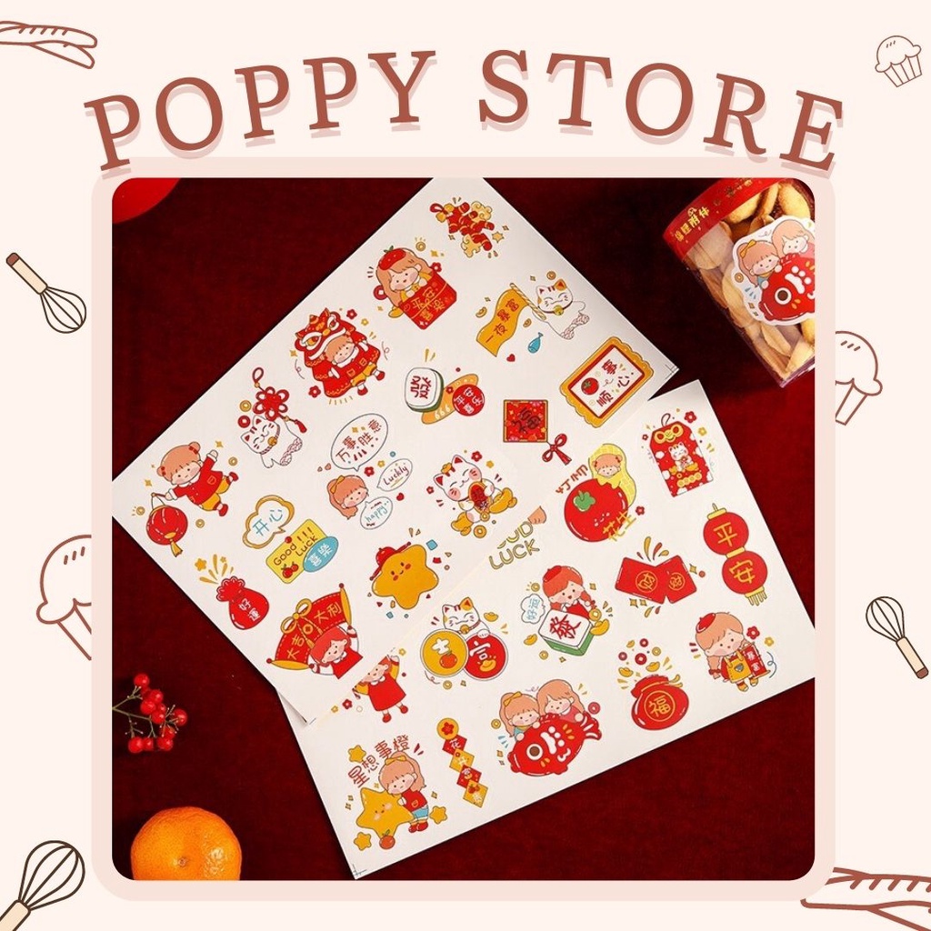 Decal, sticker tết dễ thương, trang trí hộp bánh, quà tặng- POPPY STORE