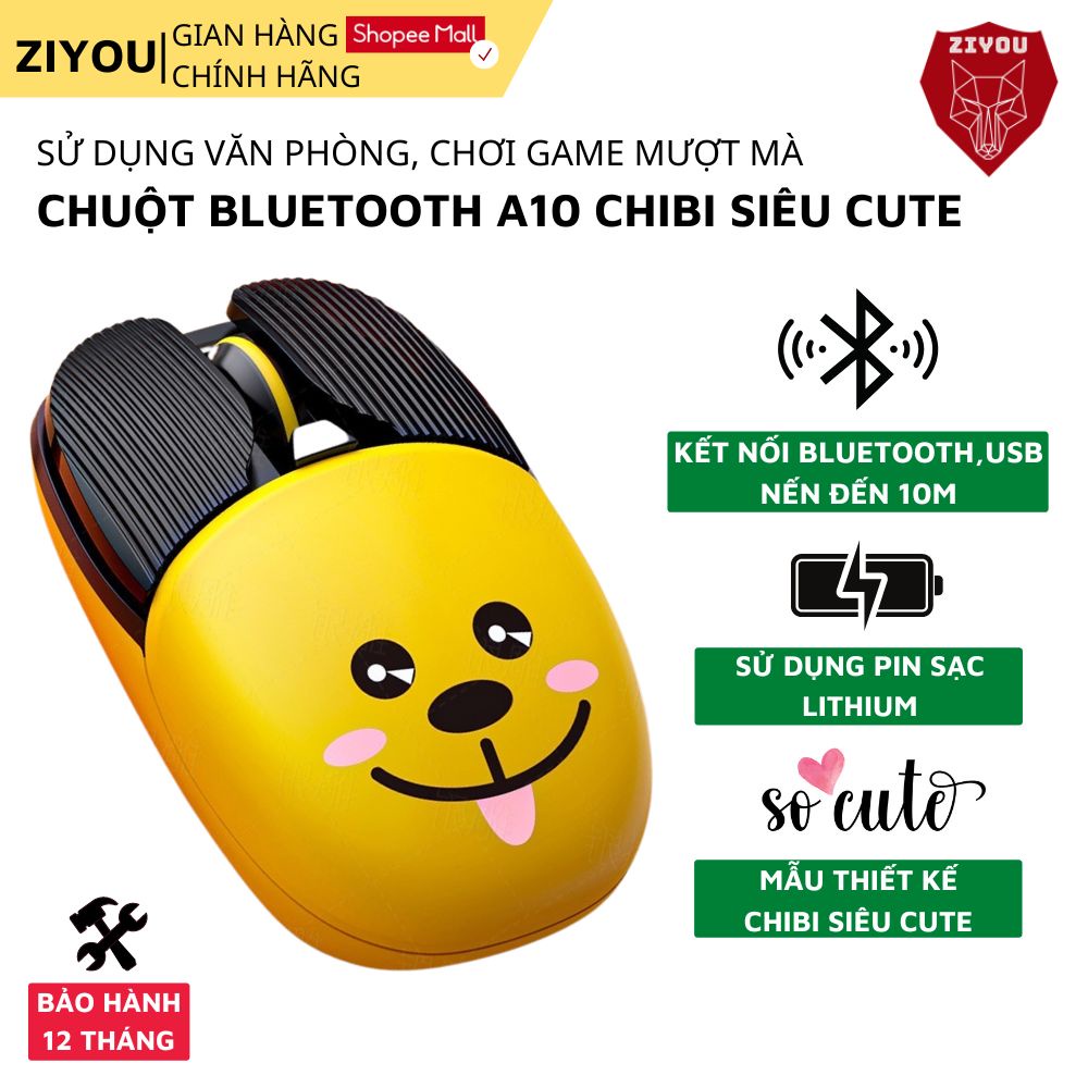 Chuột Bluetooth Ziyou A10 Hình 3D Siêu Xinh Kết Nối Không Dây 2 Chế Độ, Sử Dụng Pin Sạc Dùng Cho ĐT, Máy Tính, ipad