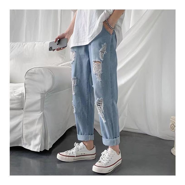 Quần Jean Ống Rộng Phối Rách Lưng Thun Thời Trang Nam Tính