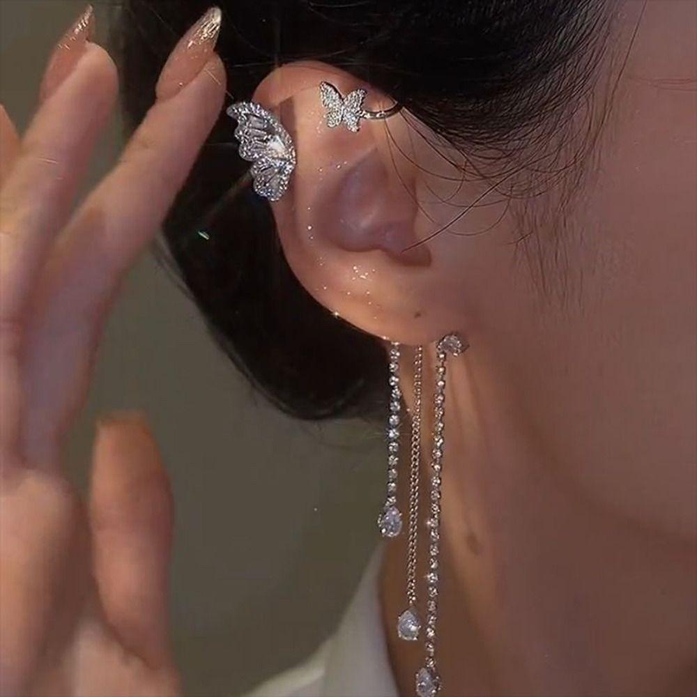 Khuyên Tai Hình Bướm Lấp Lánh Thanh Lịch Cho Nữ|Kẹp Tai Thiết Kế Đơn Giản Xinh Xắn Cho Nữ