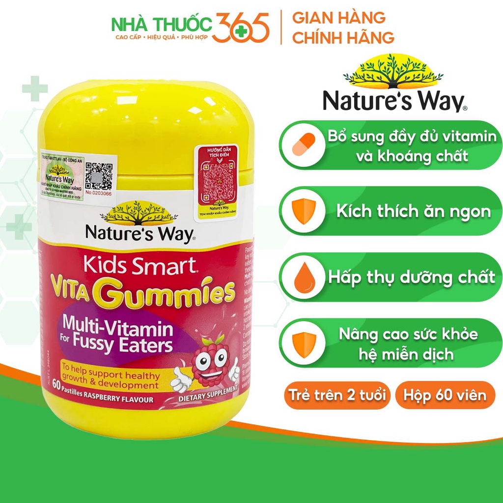 Kẹo Dẻo Vi Chất Nature's Way Kids Smart Vita Gummies Multi Vitamin for Fussy Eaters Kích Thích Ăn Ngon - Hộp 60 Viên