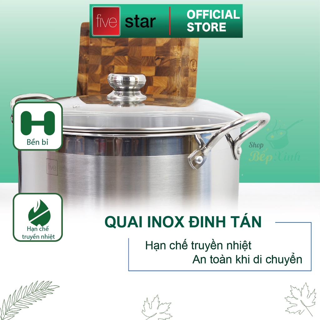 Nồi luộc gà inox 430 cao cấp Fivestar Standard nắp kính 30cm, 3 đáy dùng được bếp từ , hồng ngoại , gas