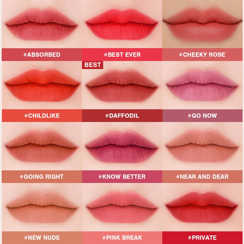 Son kem 3CE Velvet Lip Tint ( hàng auth ) full màu Taupe- Pink Break- Speak Up-Near And Dear- Chilk Like - Daffodil