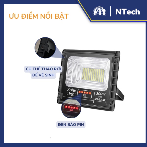 Đèn Năng Lượng Mặt Trời, Đèn Pha JinDian JD-8300L Công Suất 300W - Mẫu Mới 2020, Khung Nhôm, Chip Led "SMD"- BH 02 Năm