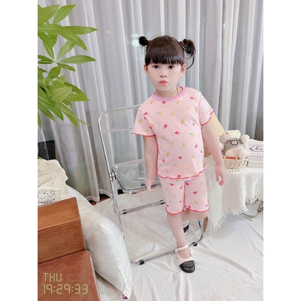 Bộ Áo Cộc Tay Viền Nhún Cotton Mềm Hoạ Tiết Bông Hoa Cho Bé Gái - 5 màu