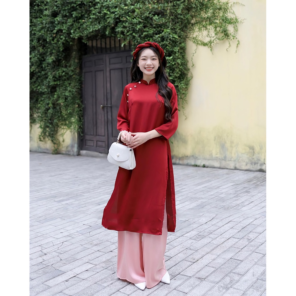 Áo Dài Lụa Trơn, Áo Dài Cách Tay Tay Lửng Dáng Suông Đính Nút Form Dáng Chuẩn Nhiều Size Dự Tiệc Lễ Tết Đều Đẹp.