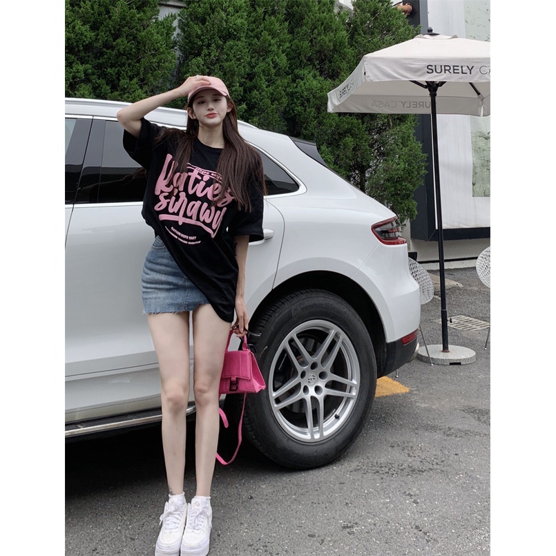 QKOOLE Áo thun  cotton tay ngắn cổ tròn in họa tiết chữ cái phong cách Hàn Quốc thời trang mùa hè dành cho nữ