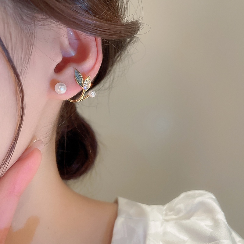 Bông Tai Hình Lá Đính Đá Lấp Lánh Phong Cách Hàn Quốc Dành Cho Nữ