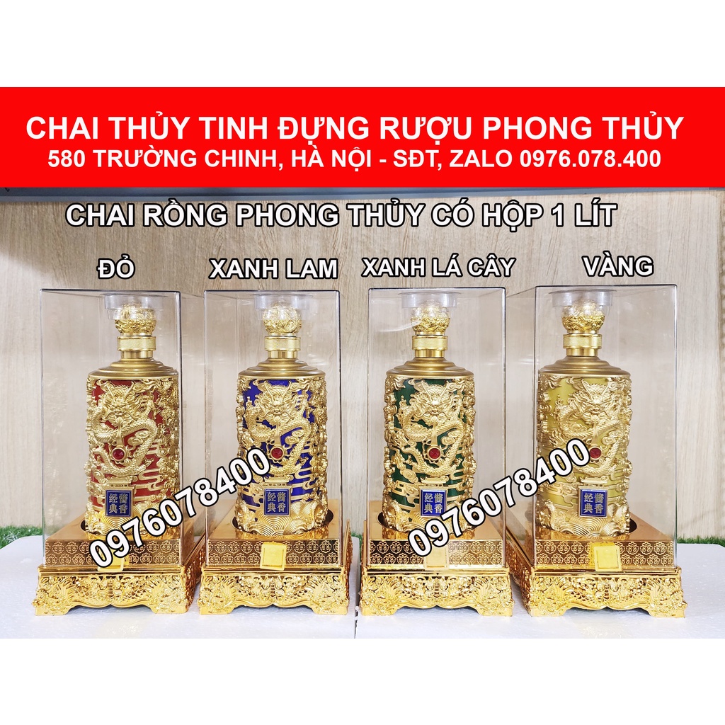 COMBO Bộ 4 Chai Thủy Tinh Đựng Rượu Rồng Phong Thủy 1 Lít, Có Hộp, CD-03H x 4