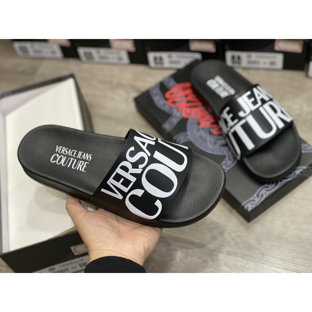 Dép Nam Versace Jeans Couture Logo Slippers In Black Màu Đen