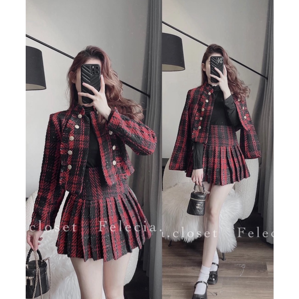 Set dạ kẻ đỏ đen viền tua rua