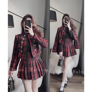 Set dạ kẻ đỏ đen viền tua rua